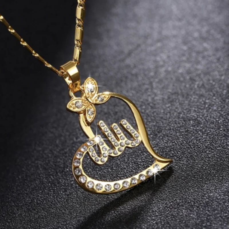 

Diamond Heart Arabian Fashion Jewelry Gold Personalise Arabic Name Islamic Allah Necklace For Girl Muslim Best Birthday Gift