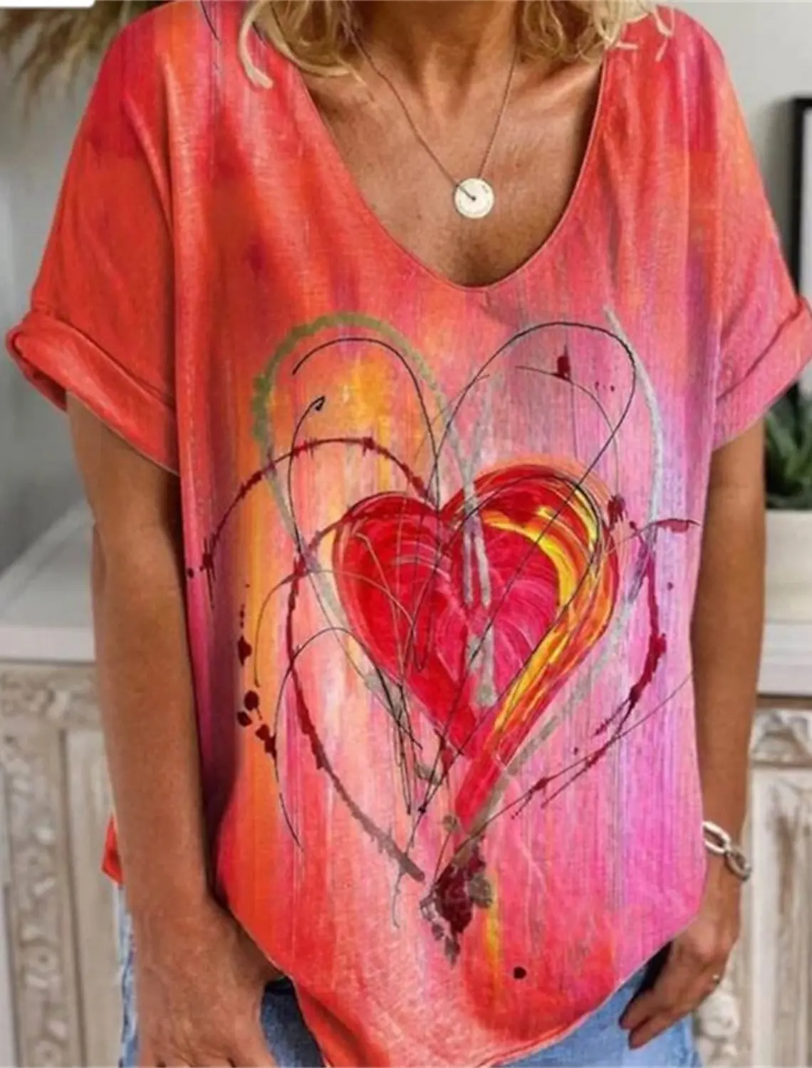 

Valentine Women's Heart T Shirt Cute Red Tee Print Weekend Fashion Short Sleeve V Neck Red Summer Spring & Fall ﻿