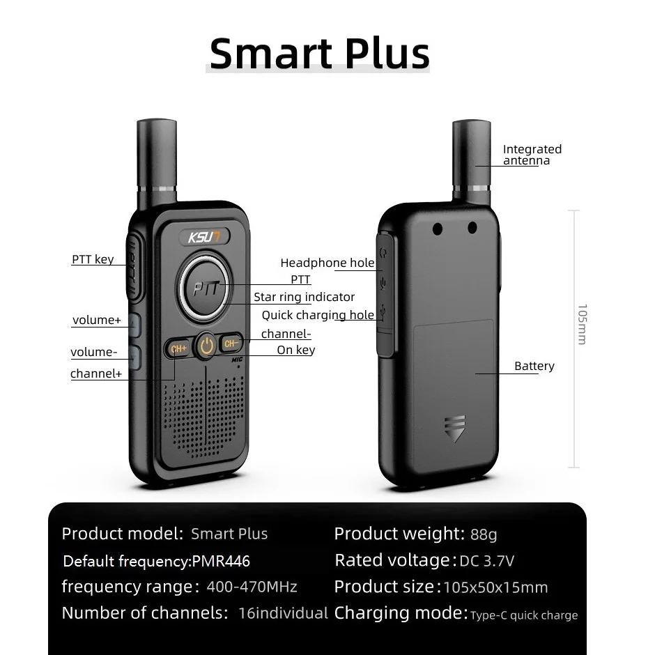 PMR446 Walkie Talkie 2 buah termasuk Mini ukuran Tipe C perangkat komunikasi hidup dapat diisi ulang Radio portabel KSUT Radio dua arah