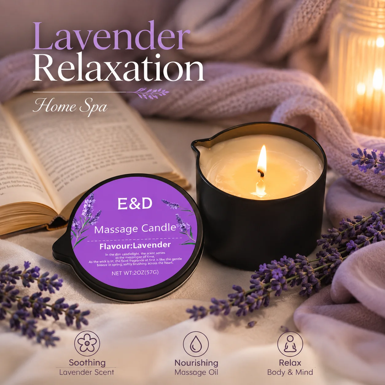 Massage Candle Melting - เทียนน้ำมันนวดลาเวนเดอร์ 2 ออนซ์, เทียนนวดตัวละลายเป็นน้ำมันบำรุงผิวอุ่นๆ, น้ำมันหอมระเหยบำรุงผิว ของขวัญสปาสำหรับเธอ