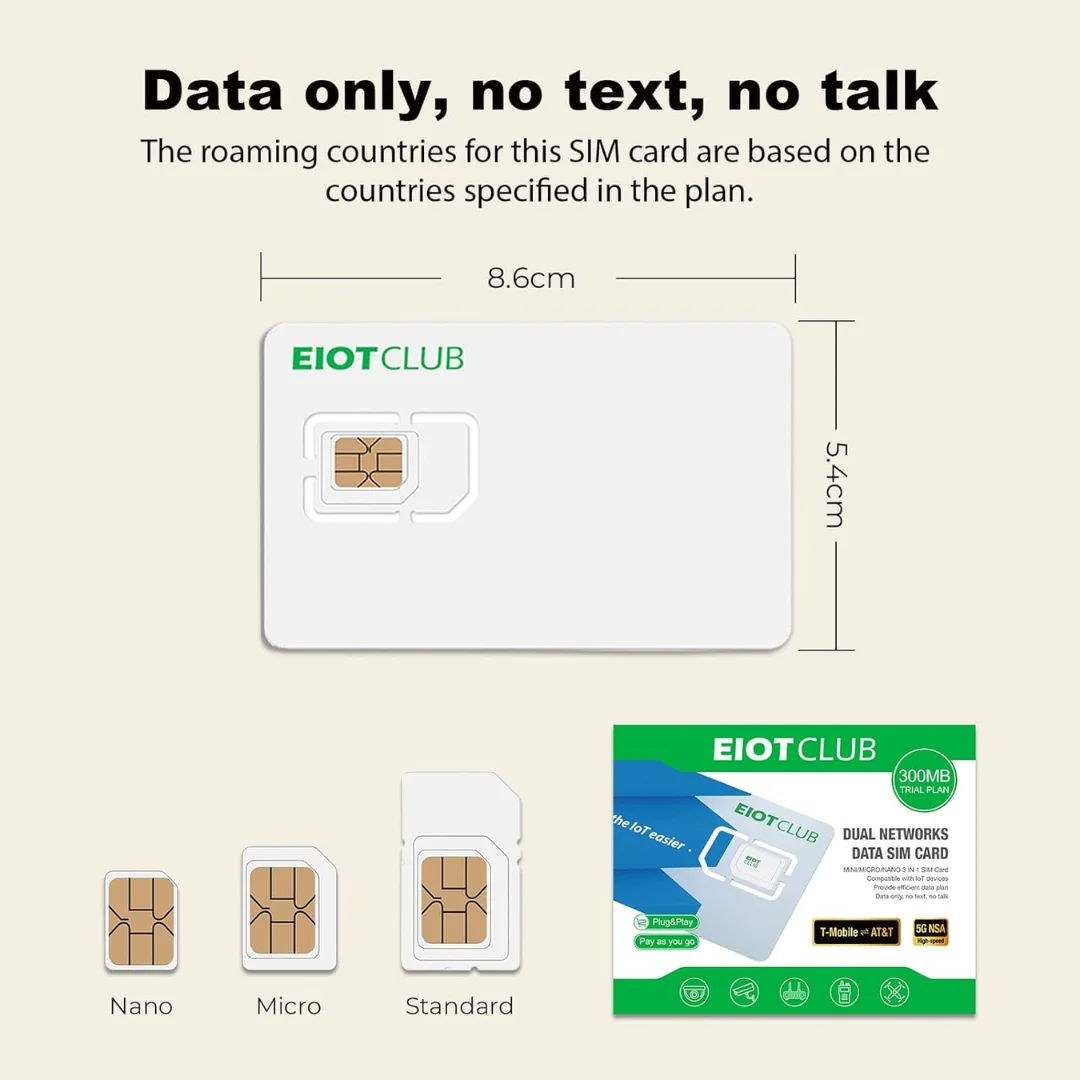 EIOTCLUB USA Prepaid SIM Card - 300MB 30DAY, Supports AT&T and T-Mobile Networks, High Speed 5G/4G LTE Coverage, Data-Only SIM