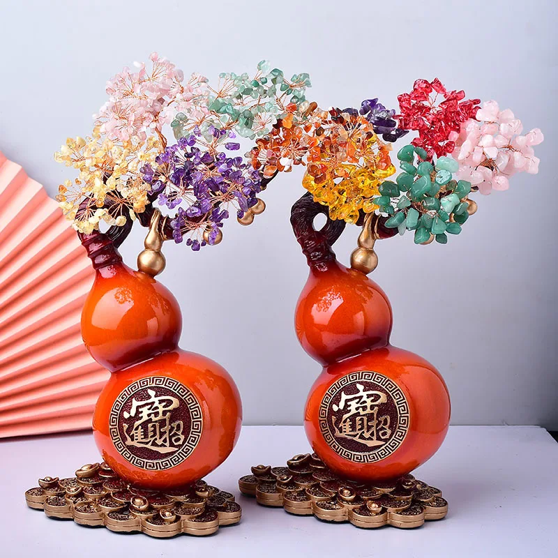 Chips de cristal de cuarzo Natural para Chakra, árbol de dinero en calabaza de resina, adorno hecho a mano, árbol de bonsái de piedras preciosas para riqueza, suerte, prosperidad