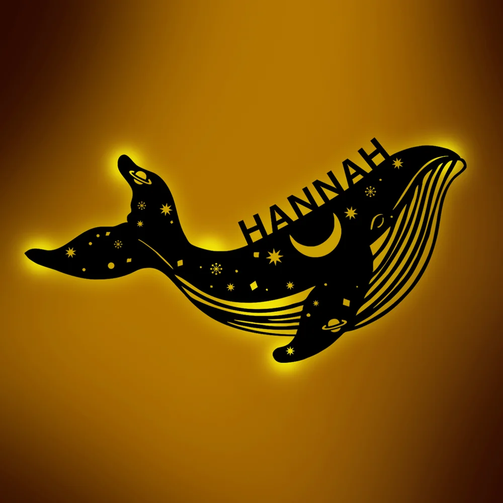 

Personalized Whale USB LED Wall Lamp Custom Kids Baby Name With Moon Star Wood Night Light for Home Bedroom Decoration