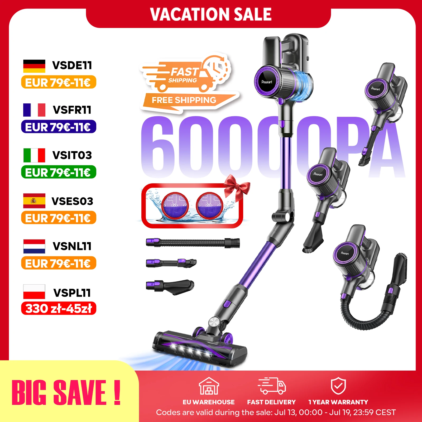 N700 Aspirateur sans Fil, 60KPa, 50Min, Tasse à Poussière de 1 L, pour les Poils D'animaux, Tapis, Sols Durs