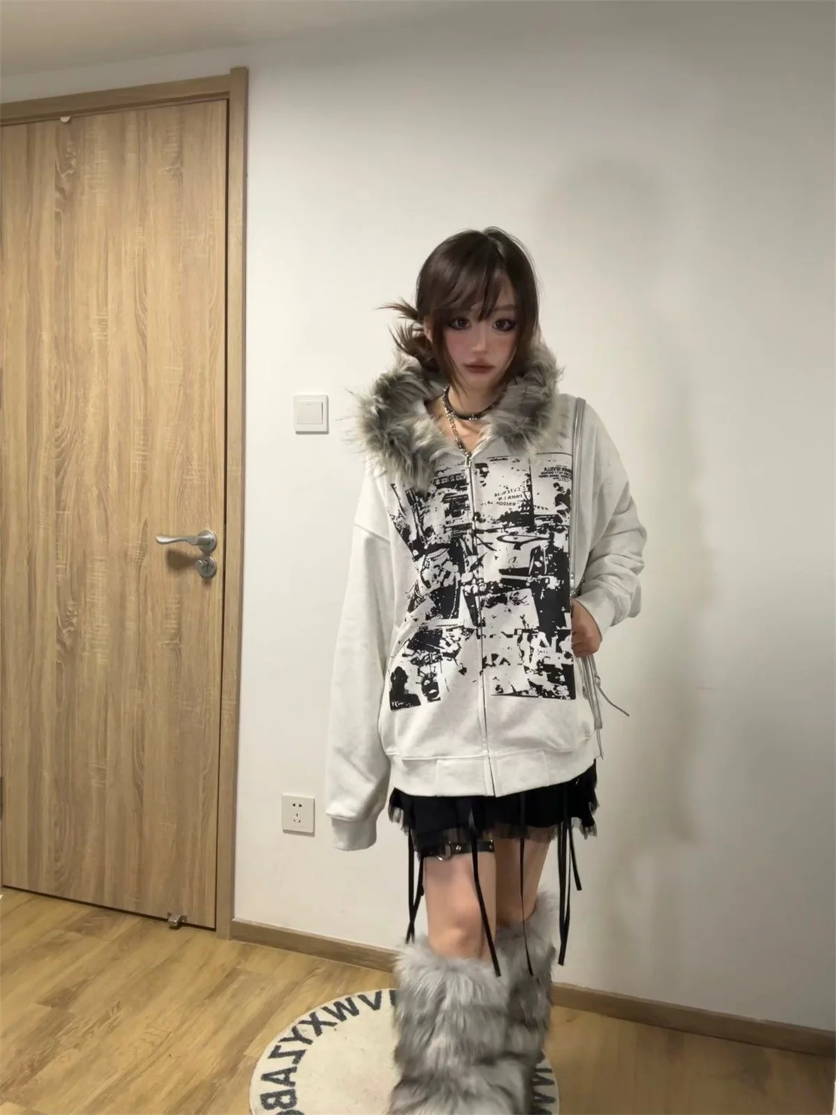 Grey Faux Fur Wool Double Zipper Jacket Hoodies Women's Slim Waist Hooded Vintage Y2k Coats Ropa Mujer Casual Fashion Sweatshirt