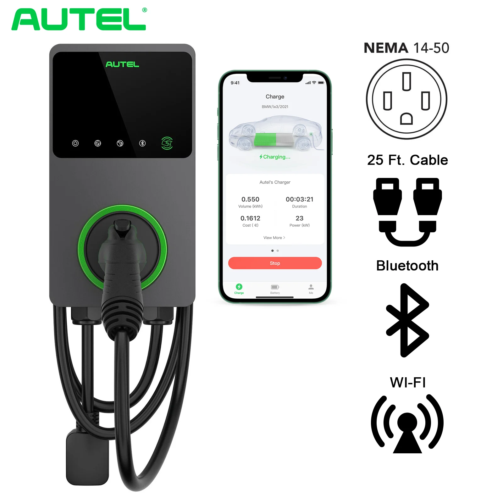 Autel 9.6KW RFID APP Contorl Level 2 40A 240V 25ft Cable EV Charger for Home Type 1 J1772 Charging Station NAME 4 US Version