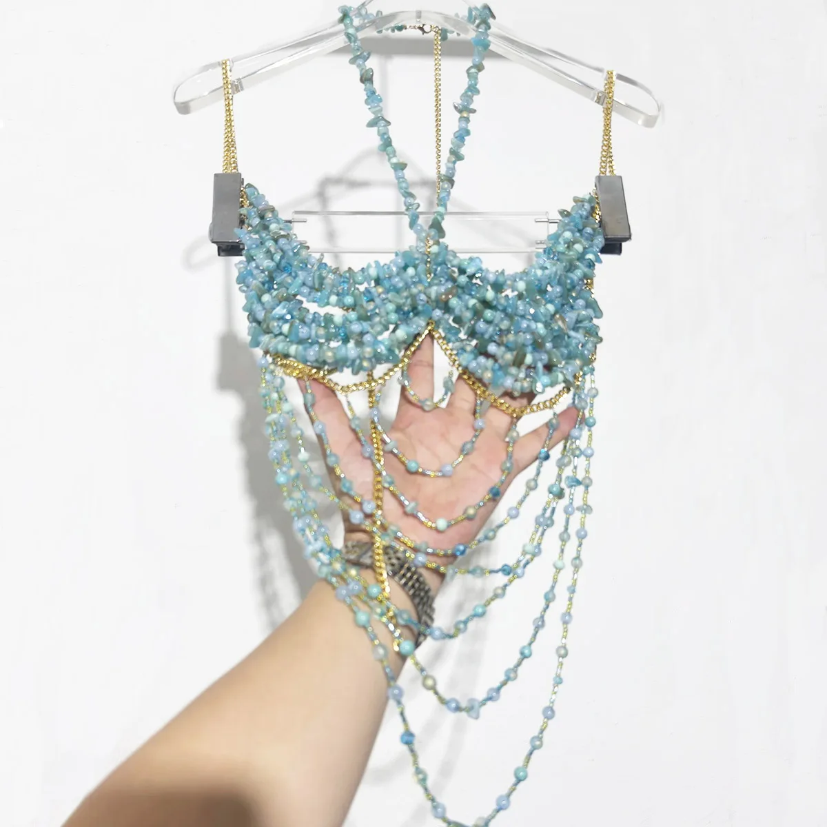 اليدوية الفاخرة الفيروز مطرز الرسن الأعلى هامش الجسم سلسلة حورية البحر أعلى زي Bralette مثير الملابس الداخلية بحر الهذيان الصدرية #6