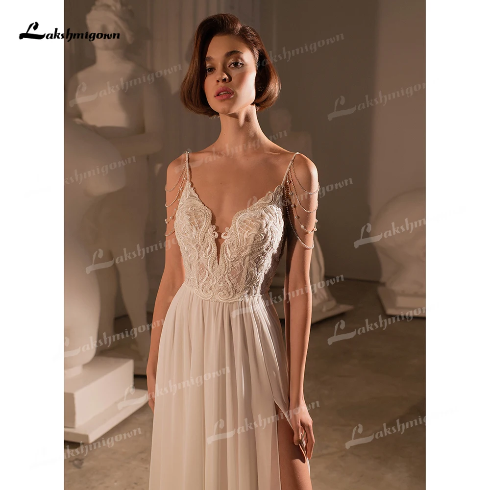 Lakshmigown Sexy Side Slits V Neck Spaghetti Straps Lace Top Chiffon A Line Wedding Dress 2025 Bridal Gown vestidos de novia