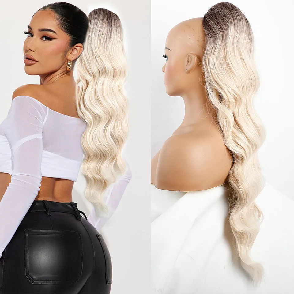 Rabo de cavalo ondulado longo sintético louro para mulheres, hairpiece trançado no grampo, Ombre, preto, marrom, extensões do cabelo, cauda do pônei, 28"