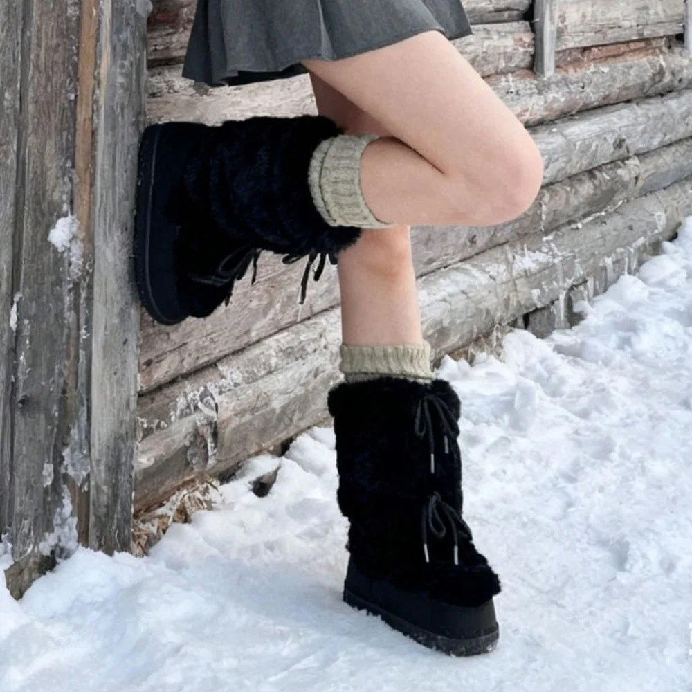 Furry Boots For Women Round Toe Flat Slip-on Winter Snow Warm Boots Women Faux Fur Fluffy Warm Boot Fashion Comfortable Outdoor Mid-Calf Boots Winter Party Flat Shoes