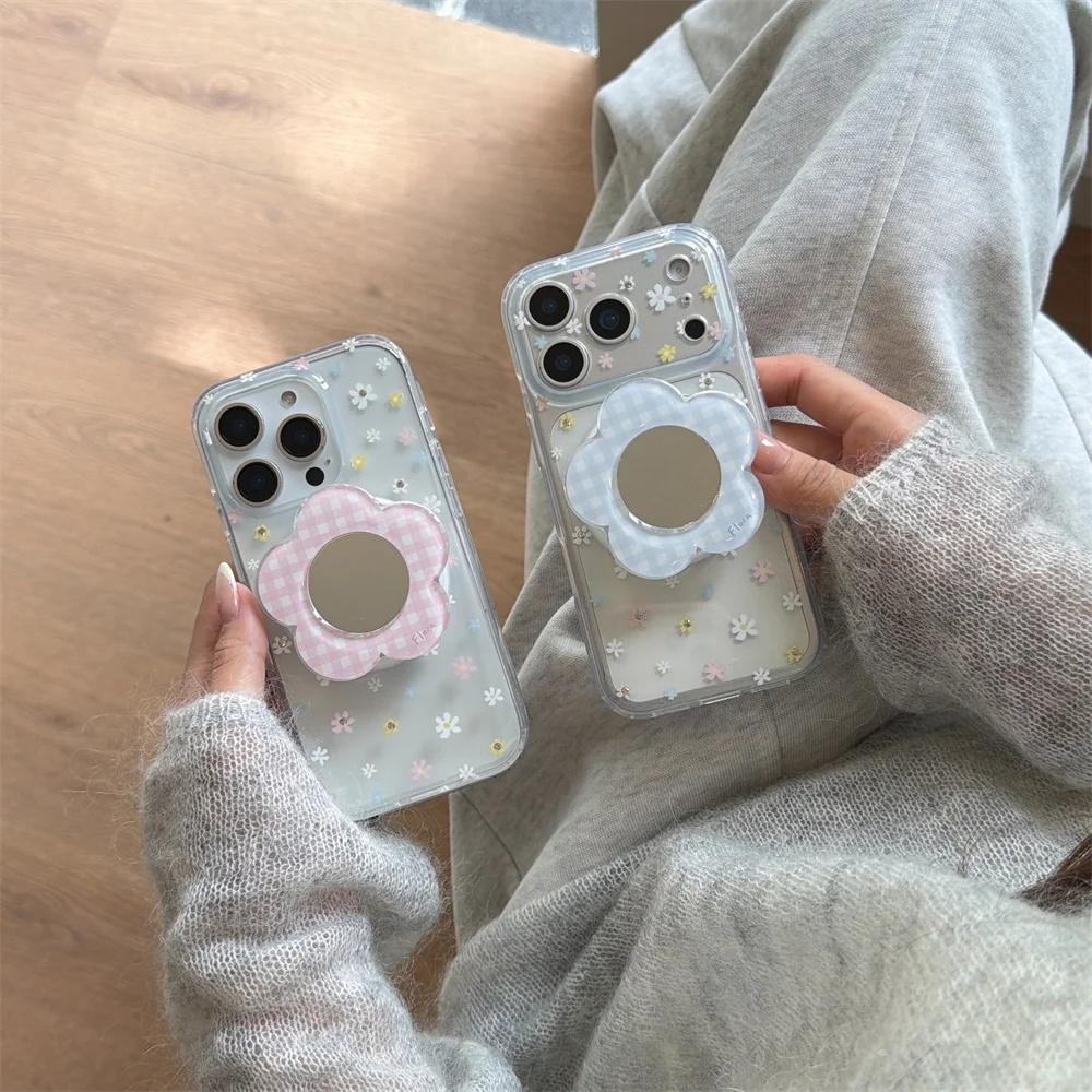 

Korean Cute Small Flower Magnetic Phone Case for iPhone 17 Pro 16 15 Max 17 16 Pro Max Cover With Magsafe Grid Mirror Flower Cas