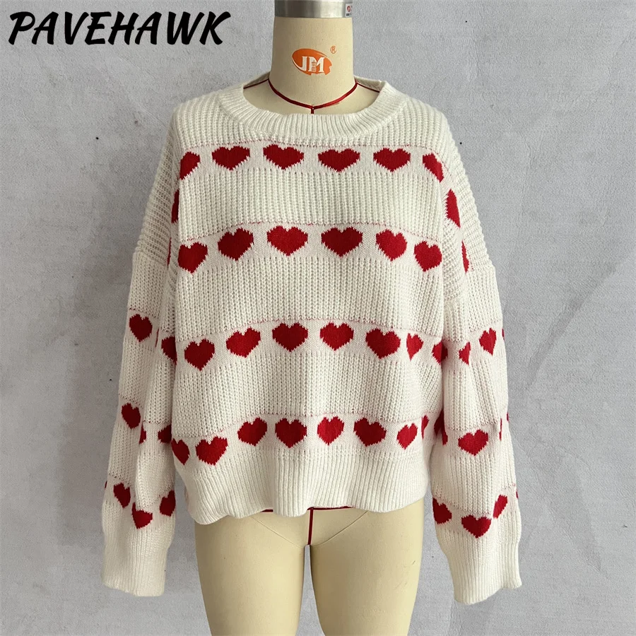 Women O Neck Heart Print Sweaters Loose Long Sleeve Patchwork Knitted Sweater Sweet Autumn Winter Pullover Knitwear Streetwear