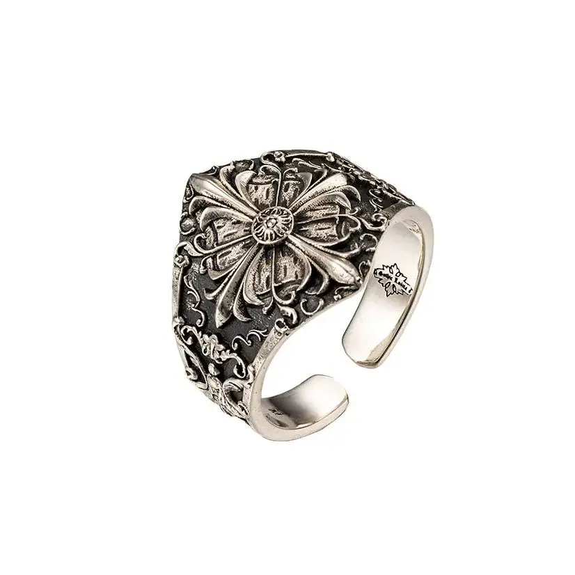 

Открытое кольцо из стерлингового серебра 925 пробы с цветком ириса для мужчин, винтажное резное кольцо в стиле барокко, панк-рок, украшение для вечеринки, ювелирная мода