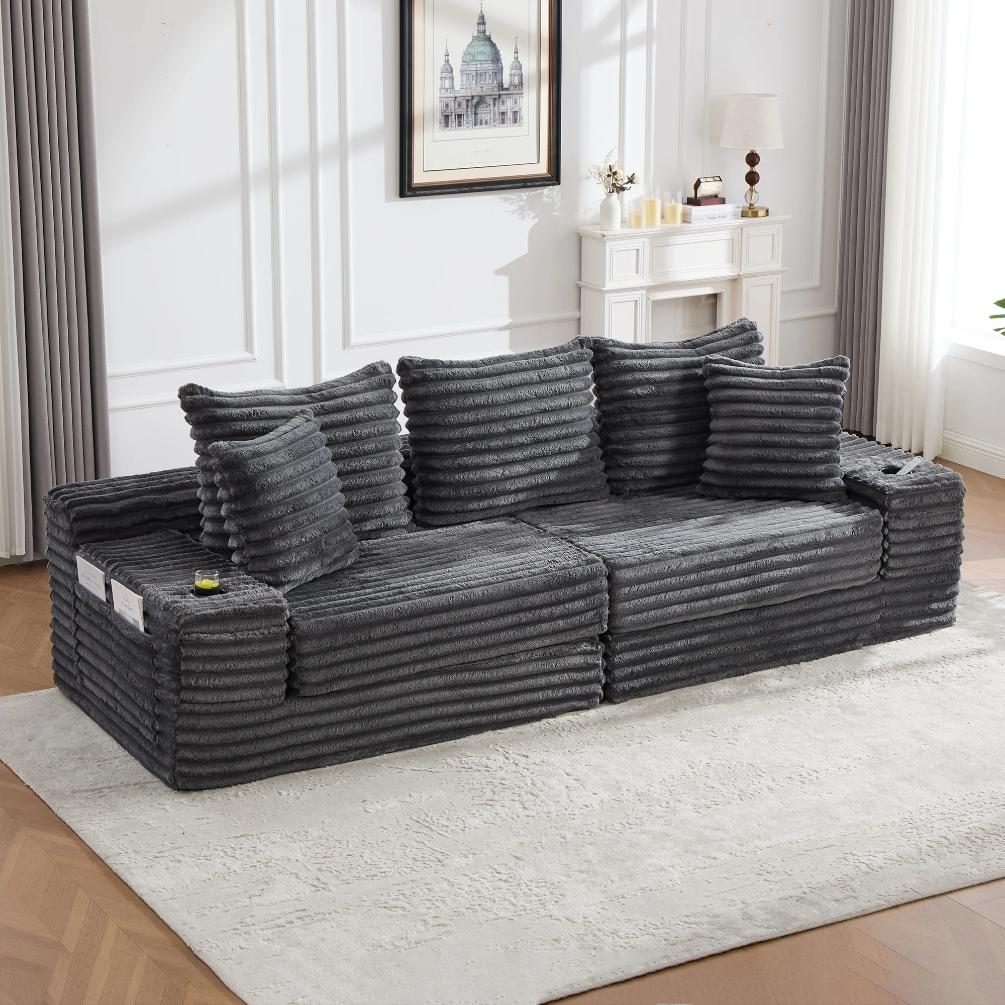 Sofá cama convertible, respaldo de piel, bolsillos laterales, portavasos, terciopelo acanalado gris oscuro, cama plegable