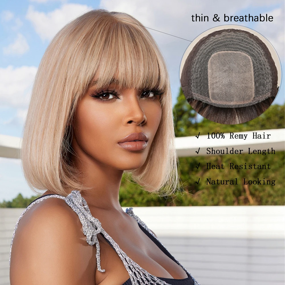 10 inch Short Bob Remy Human Hair Wigs Blonde Ombre Natural Human Hair Wig for Black Women Straight with Bangs Bob Wigs