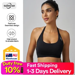 SUSISTAR Impact Sports Bra For Women Seamless Halter Bra Open Back Yoga Top Bras Medium Support Gym Crop Top Padded Sportswear