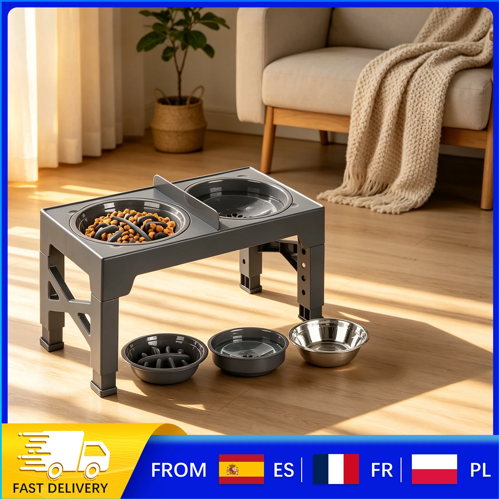 Comederos Elevados Ajustables para Perros, 5 Alturas de 8-31 cm, Comedero Elevado para Perros Pequeños, Medianos y Grandes, Gatos, Reduce la Tensión del Cuello al Comer con la Cabeza Baja, Diseño Plegable Antideslizante y Silencioso, Comederos de Acero Inoxidable 201 + Comedero de Alimentación Lenta, Separación de Alimentos Secos y Húmedos para una Mejor Digestión