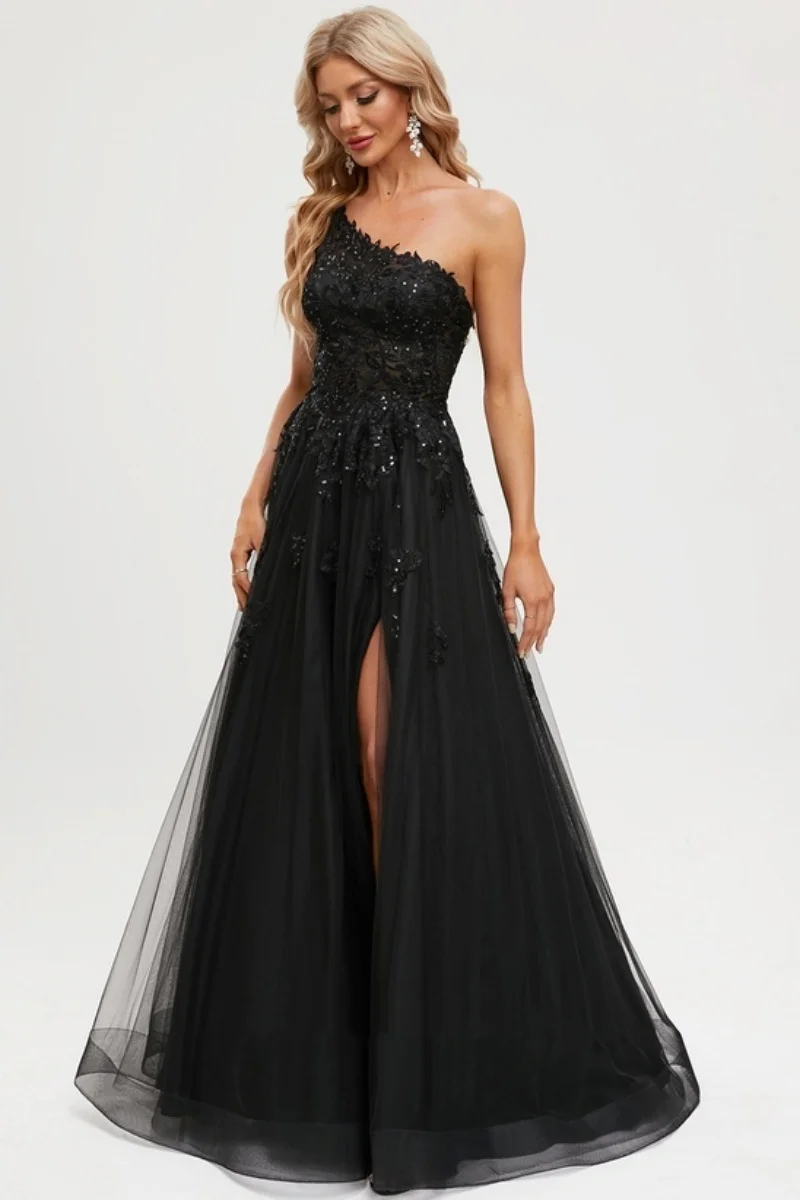 Jessica czarne suknie wieczorowe cekinowe hafty suknie balowe seksowne jedno ramię tiulowa linia A Vestidos De Fiesta dostosowane