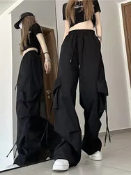 Women Y2K Korean Cargo Pants Hip Hop Loose Causal Wide Leg Pants Fashion High Waist Baggy Streetwear Multi Pockets Sweatpants