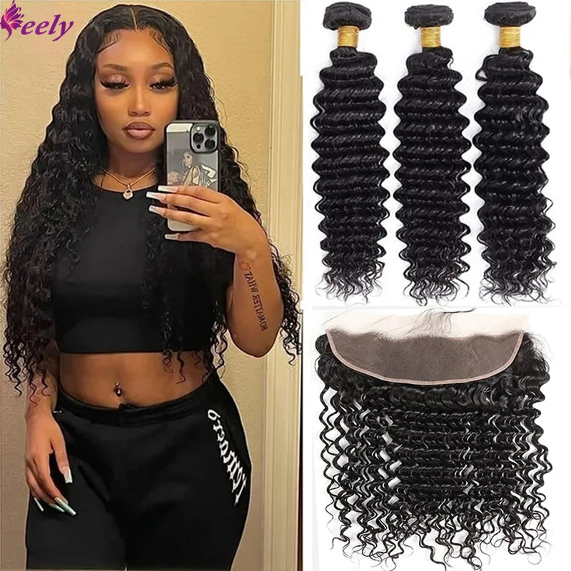 

Deep Wave Bundles with 13x4 Lace Frontal Human Hair Human Hair Deep Wave Bundles with Lace Frontal Natural Color#1B