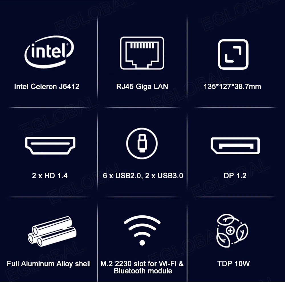 Imagem -02 - Eglobal-mini pc com Celeron Intel J6412 N95 N100 Fanless com 2hdmi Mais 1dp Portas com 2lan Window10 Barato