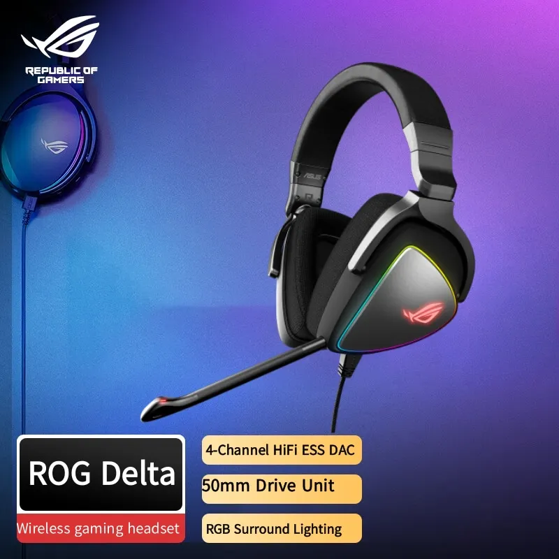 ROG Delta Black Head Mounted Esports Earphones RGB Synchronous Gaming Earphones Sound Details High Signal Noise 50mm Driver