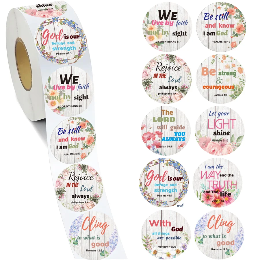 500 PCS Bible Verse Stickers Roll — Floral Christian Scripture Stickers, Inspirational Religious Round Labels .