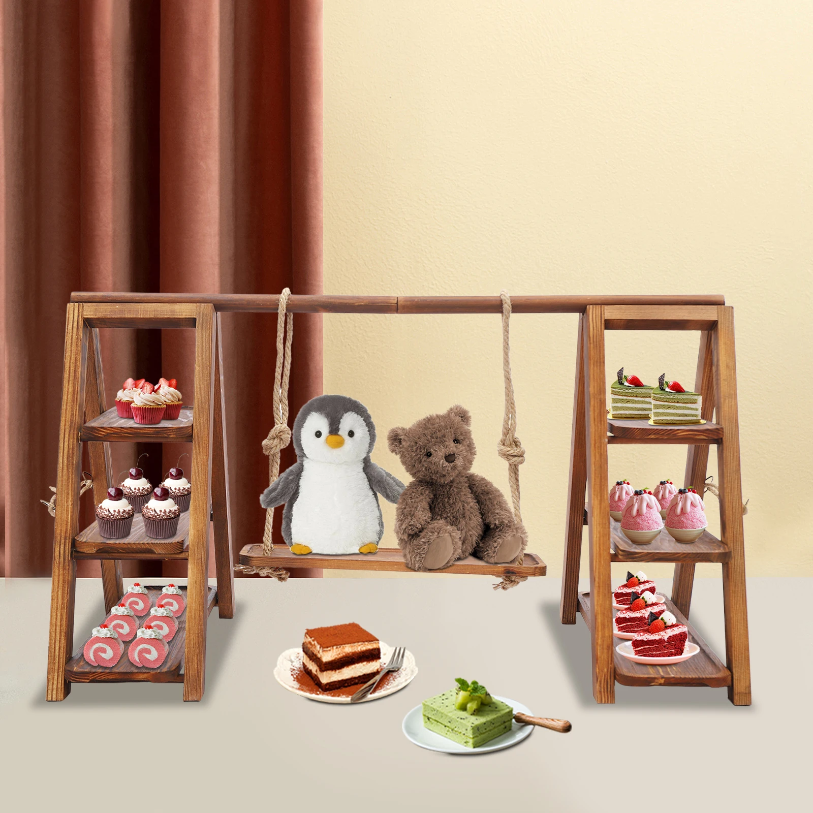 

3-х уровневый сервировочный поднос, деревянный сервировочный поднос, набор для демонстрации стола для пустыни, подставка для качелей для торта, деревянная подставка для десертов, кексов