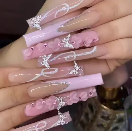 24Pcs Long Ballet False Nails Pink Butterfly with Rhinestones French Design Wearable Fake Nails Glitter Press on Nails Tips Art photo review