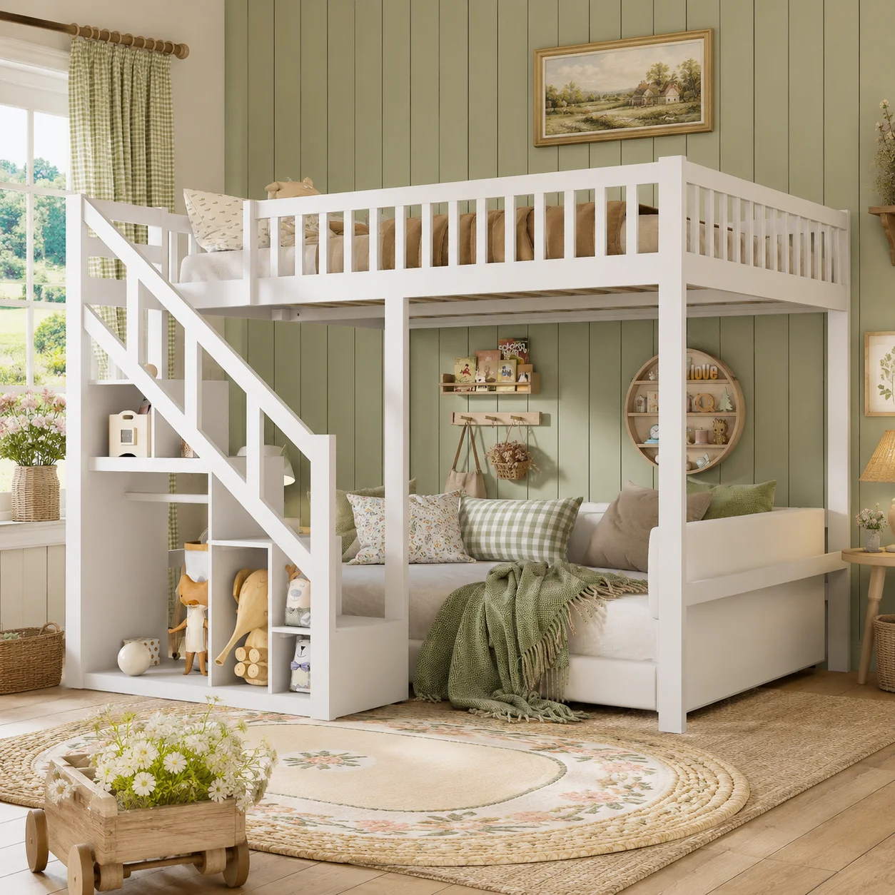 90/140*200cm Kinder-Hochbett aus Massivholz mit Aufbewahrungstreppen, sternförmigem durchbrochenem Geländer, multifunktionales Kinderbettgestell, Jugendbett, Matratze nicht enthalten, weiß