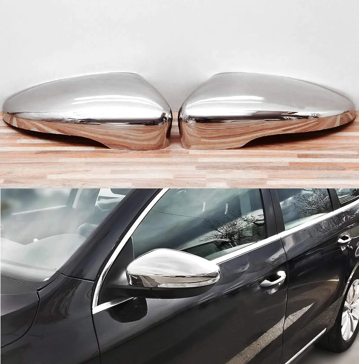 Mirror covers for VW | EOS + JETTA 6 + PASSAT B7 CC + SCIROCCO + BEETLE, stainless steel, exterior mirror caps, chrome mirror covers, side trims, 2 pieces, easy installation