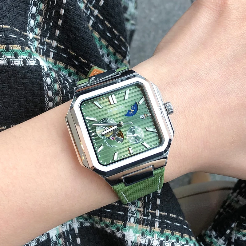 

Luxury personalized men's automatic mechanical watch, leather strap, waterproof square casual fashion watch