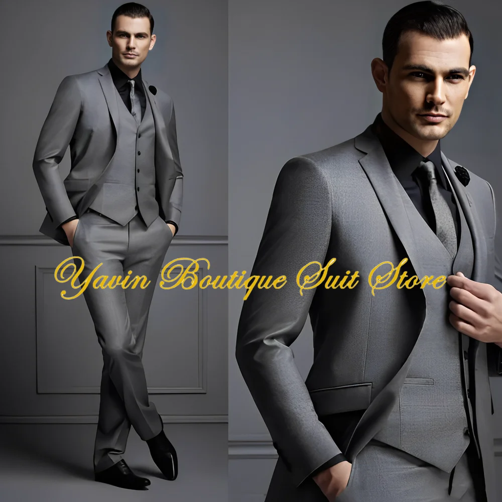 

Gray Elegant Men's Suit Three Piece Wedding Groom Tuxedo Slim Fit Jacket Pants Vest Formal Party Homme Suit