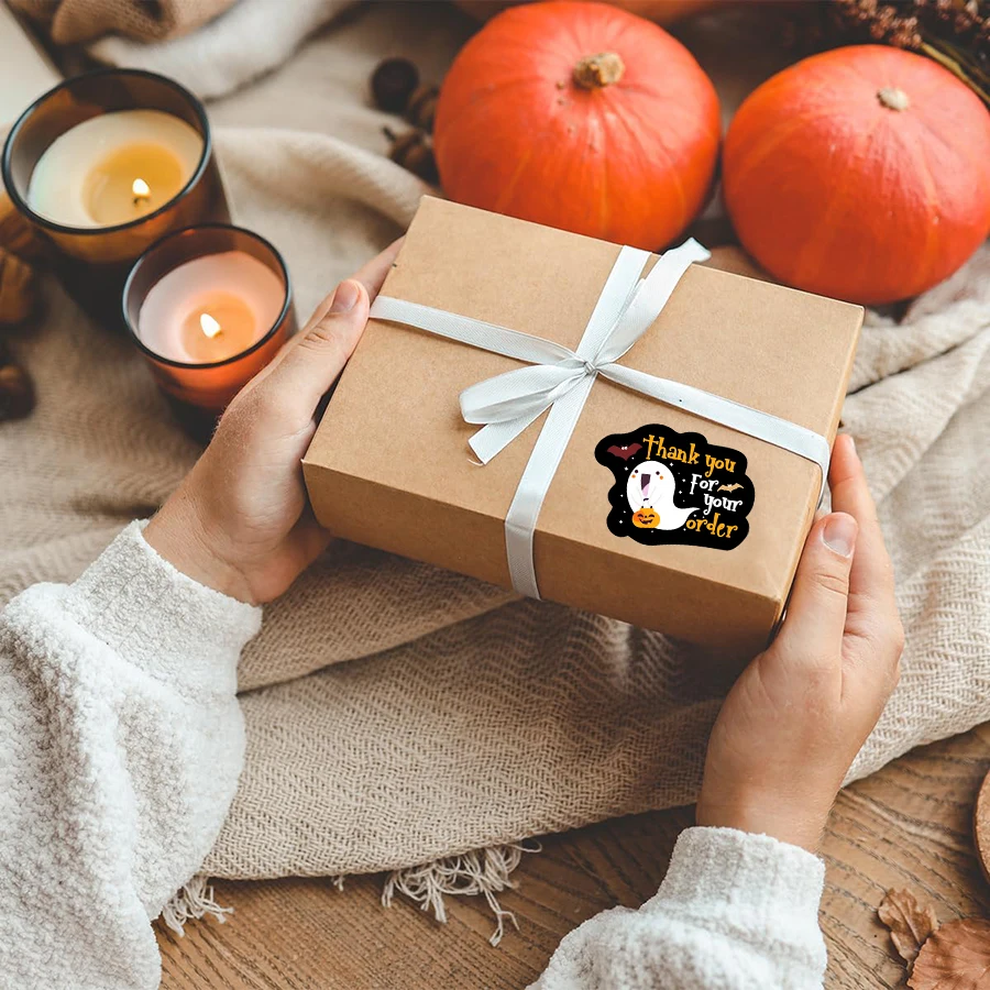 100 Pcs Halloween Thank You Stickers for Small Business –Black Ghost-Themed Packaging Labels,  , Self-Adhesive