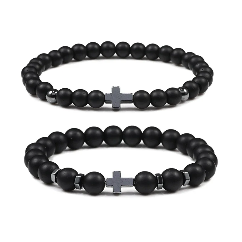 Bracelet de perles en pierre de lave naturelle pour hommes, prière, méditation, hématite, croix, jésus, Couple fin, bijoux cadeaux pour ami