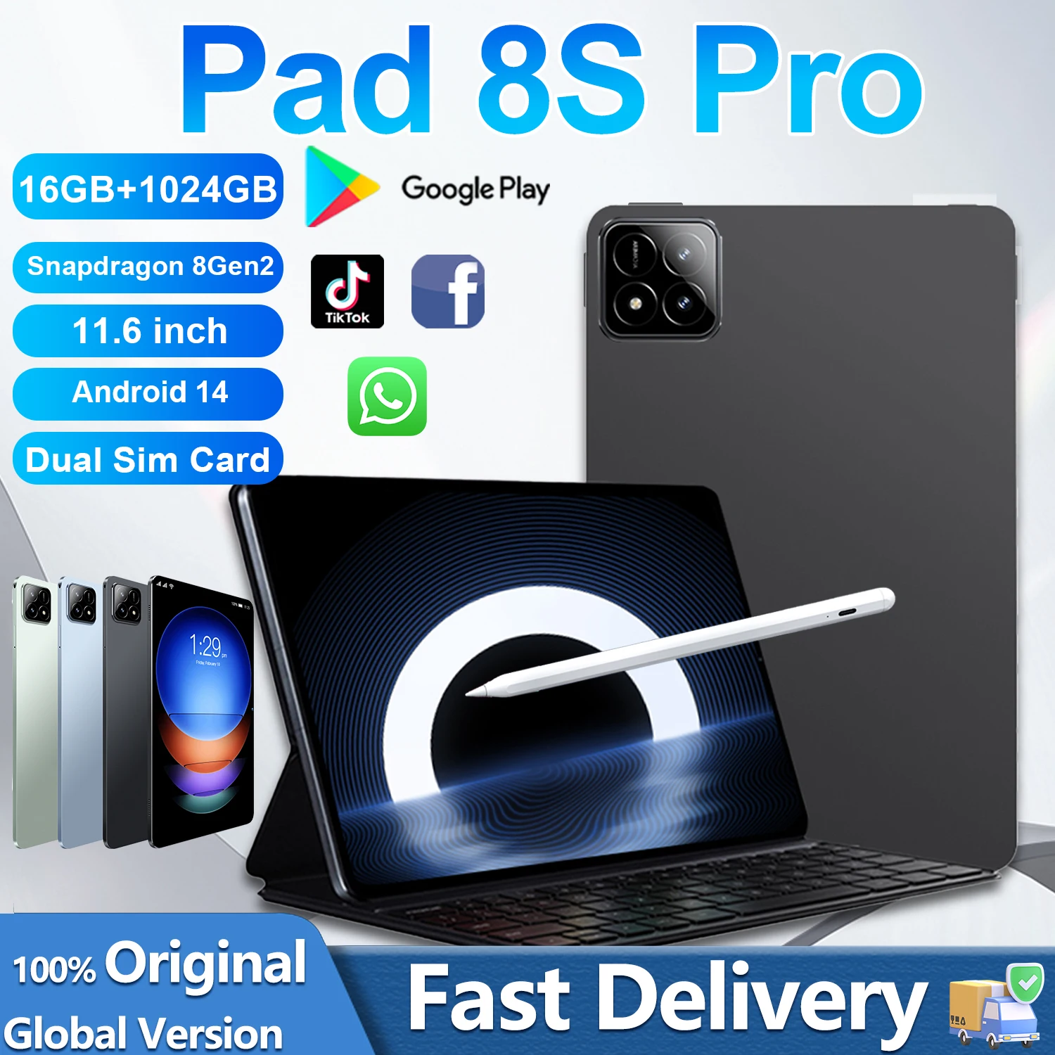 Nouveau Pad d'origine 8S pro Android 14 tablette PC Snapdragon 8gen2 16GB 1024GB 10000mAh 5G double SIM WiFi GPS HD tablettes plein écran