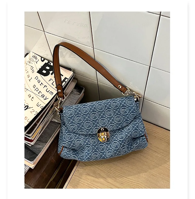 Vintage Bag Women\'s Denim Bag Lock Catch Jean Purse Luxury Denim Shoulder Bag Niche Ladies Medieval Ruffle Fashion Denim Tote