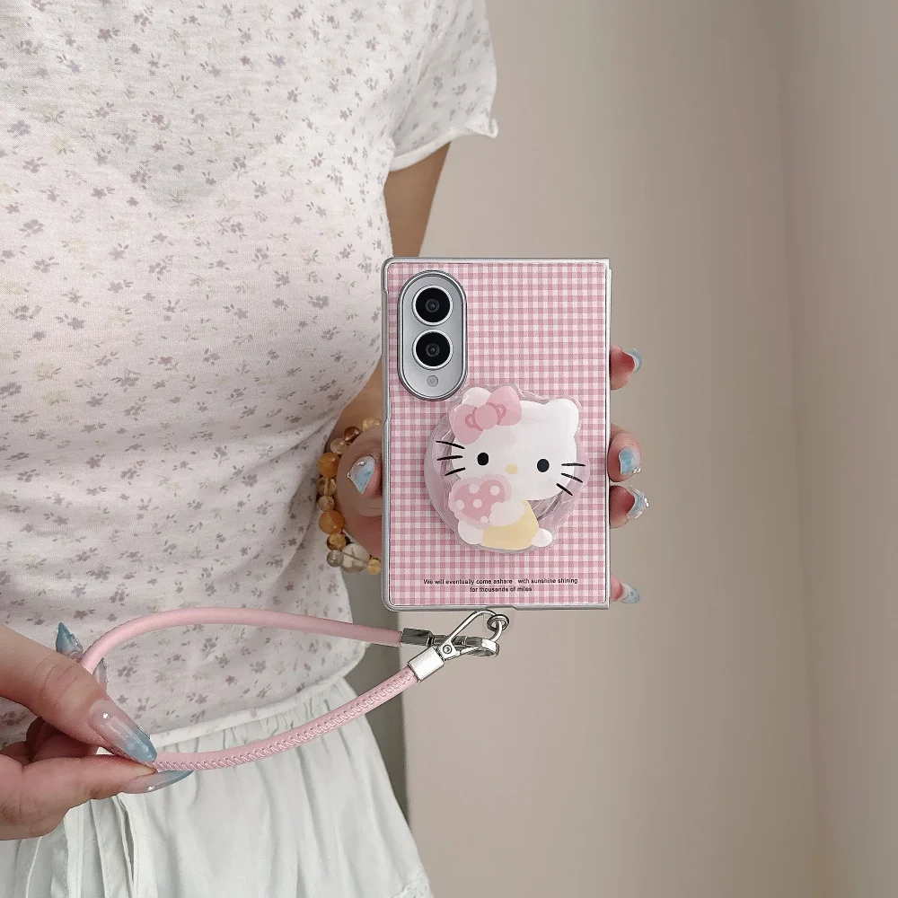 Cute Pink Plaid Cartoon Cat Magnetic Phone Case For Samsung Galaxy Z Fold 8 fold 8 Cover With Magsafe Stand Kawaii Anti-Fall Set