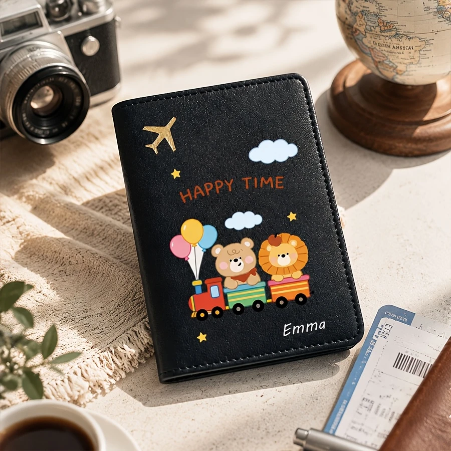 A Cute Cartoon Animal Bear-pattern Passport Cover with Customizable Name, Text Passport Book Holder, Universal Airplane Passport view 4