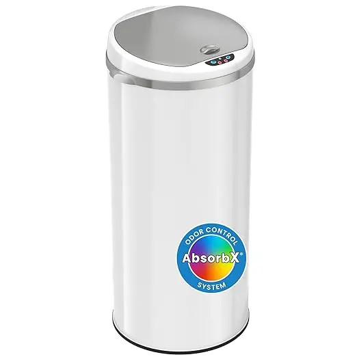 13 Gallon Round Trash Can with Odor Filter, Slim Stainless Steel Design, Ideal for Home, Office, or Garage Use (White)