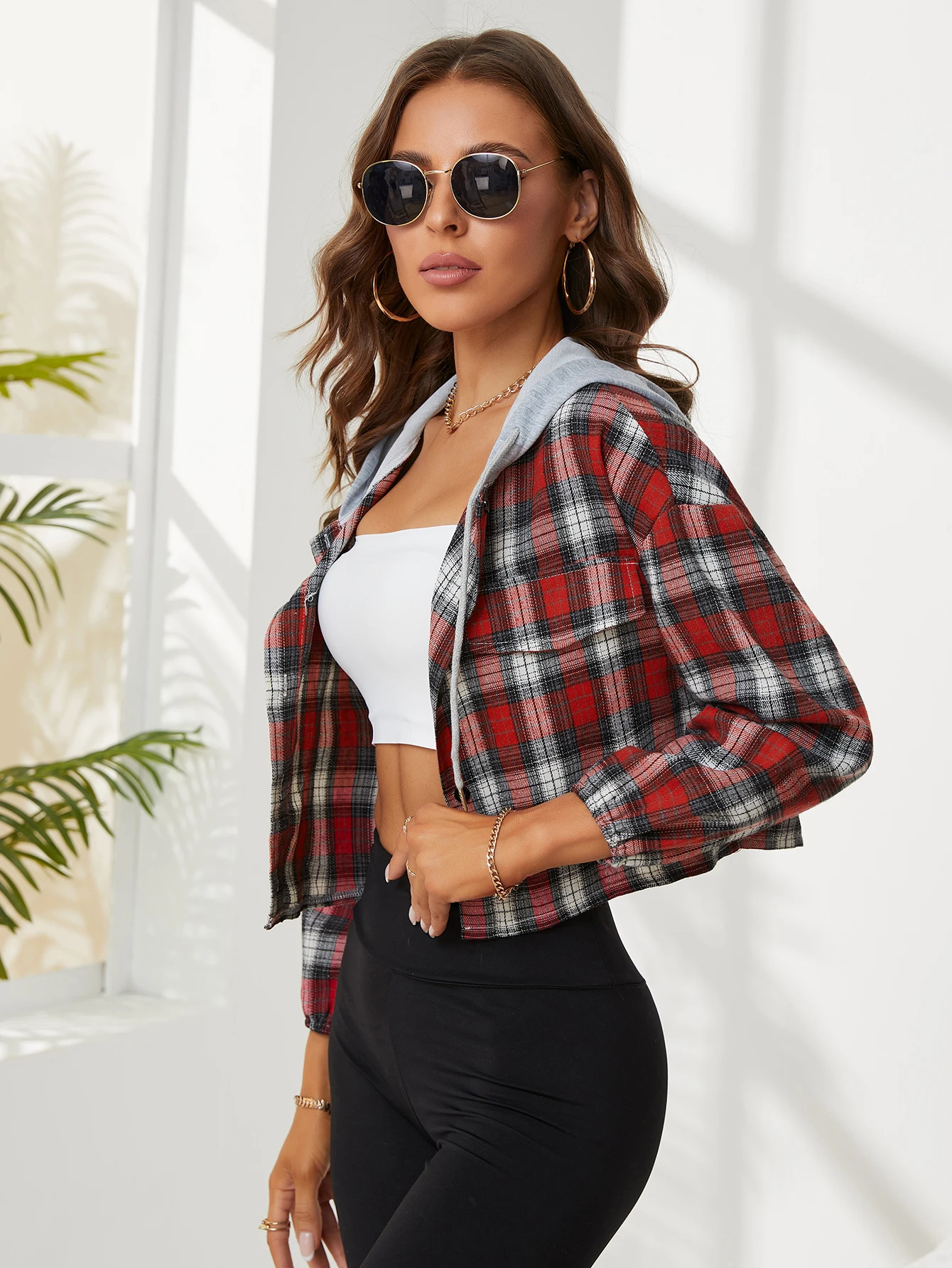 Retro Plaid Short Shirts Cardigan Women Fashion Casual Long Sleeve Hooded Thin Blouse Crop Tops New Style