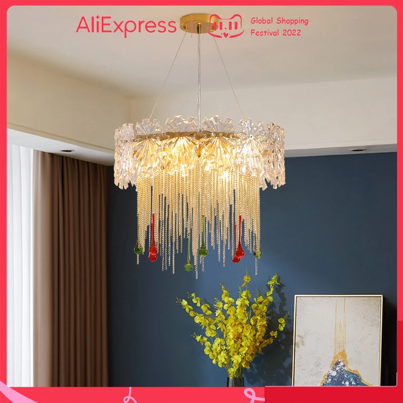 

Nordic Luxury Glass Crystal Tassel Chandelier French Art Creativity Fixtures For Living Dining Room Bedroom Home Decor LED Light