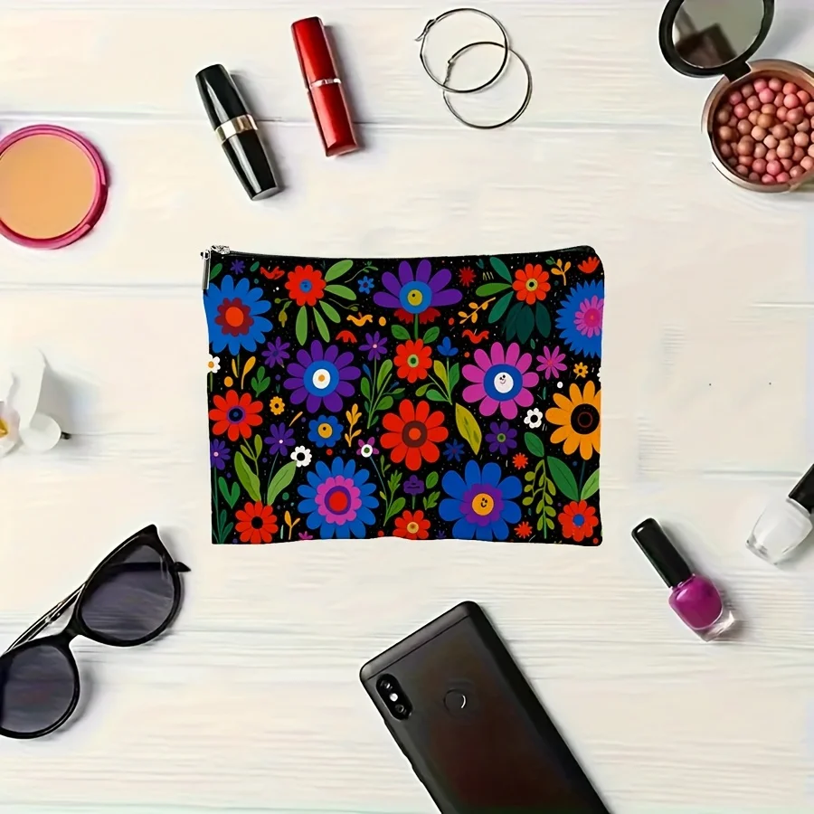 1Pc Colorful Floral and Green Leaf Retro Design Multifunctional Travel Makeup Bag, Snack Storage Bag, Stationery Storage Bag, Fashionable Toiletry Bag, Canvas Double-Sided Printed Zipper Pouch