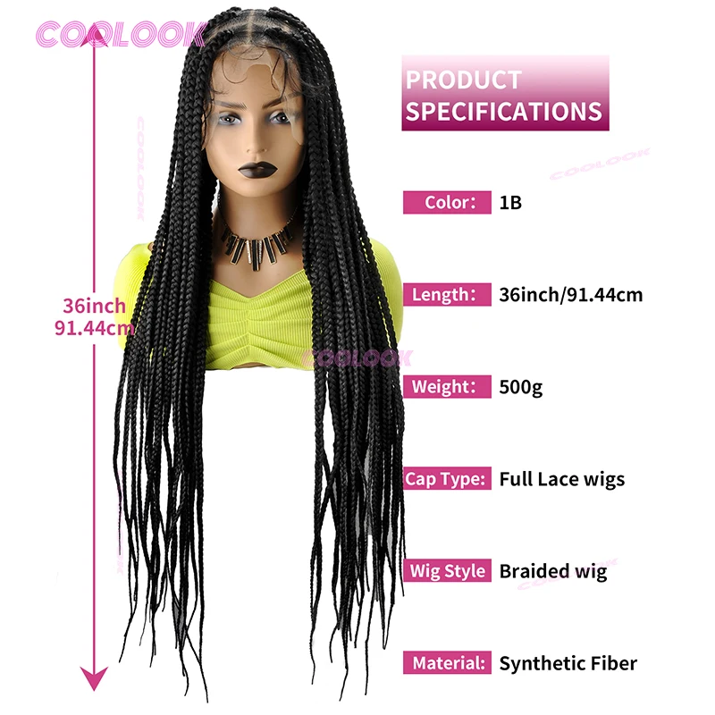36 "صندوق أكبر الضفائر شعر مستعار الاصطناعية كامل الدانتيل جديلة شعر مستعار للنساء كورنو شعر مستعار مضفر نمطين #2