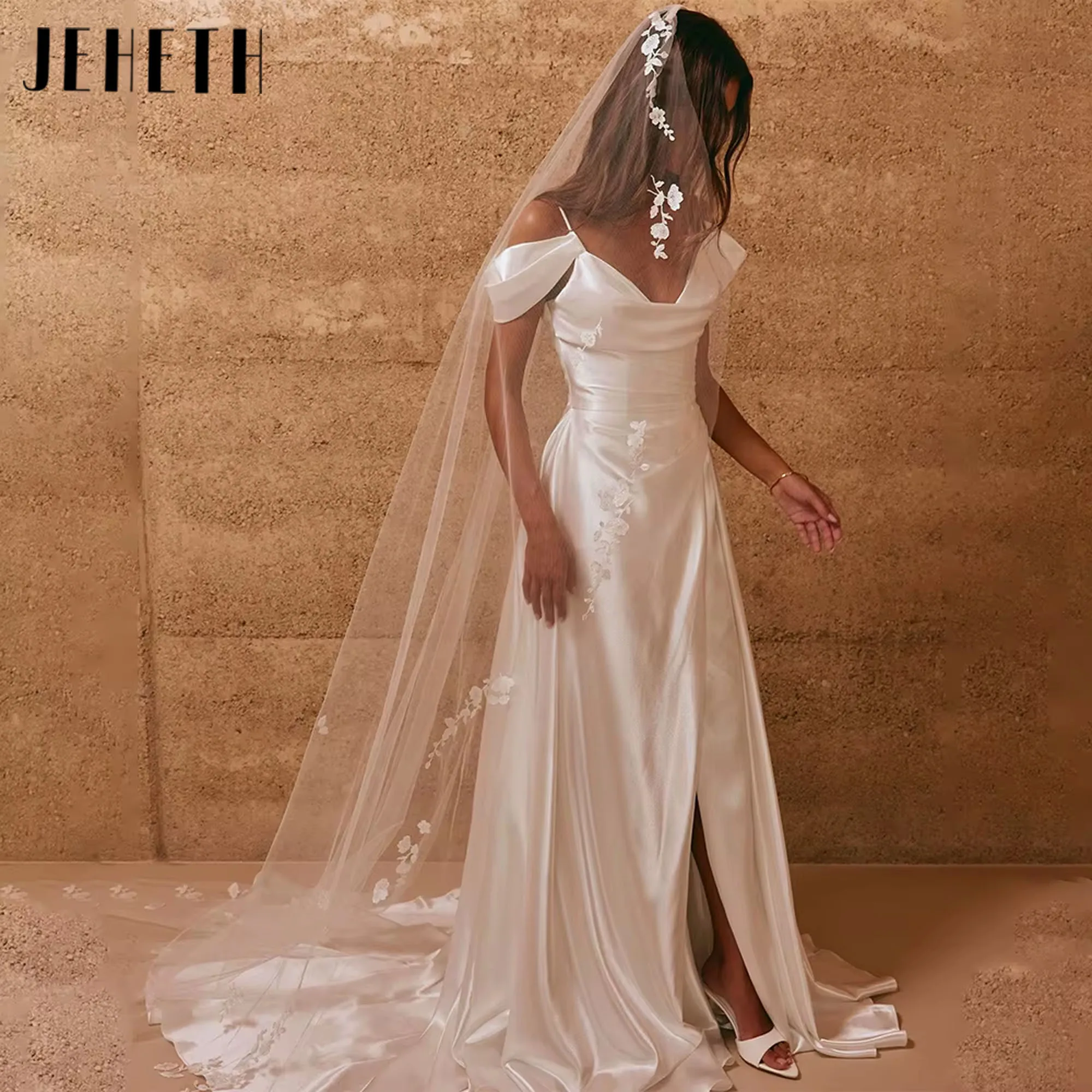

Popular Off The Shoulder Backless Stain A Line Civil Wedding Dress Woman Classic Pleat Side Slit vestidos de novia Customized