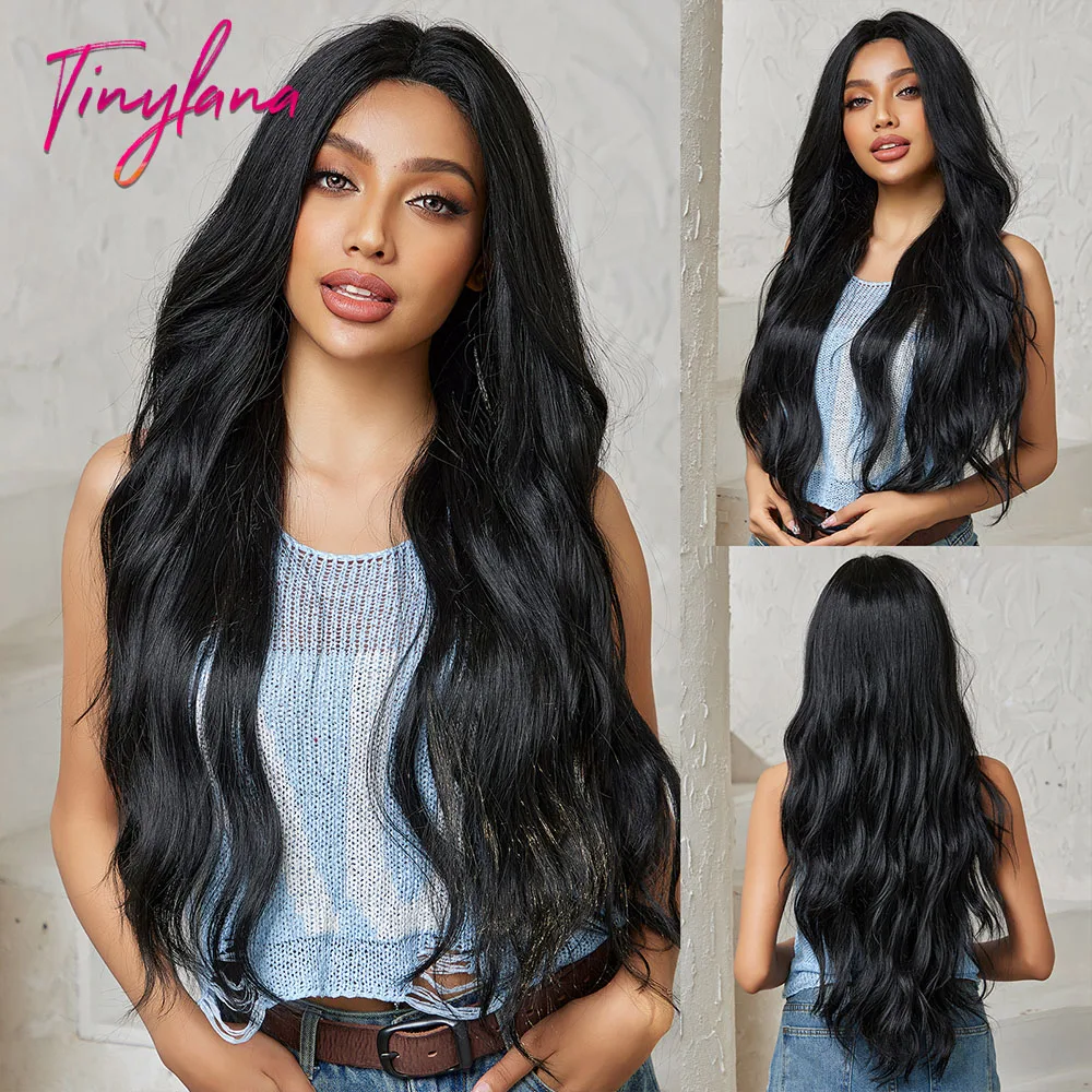 Long Curly Black Lace Front Synthetic Wigs Natural Body Wavy T-part Lace Wig Hair for Women Daily Cosplay High Temperature Fiber