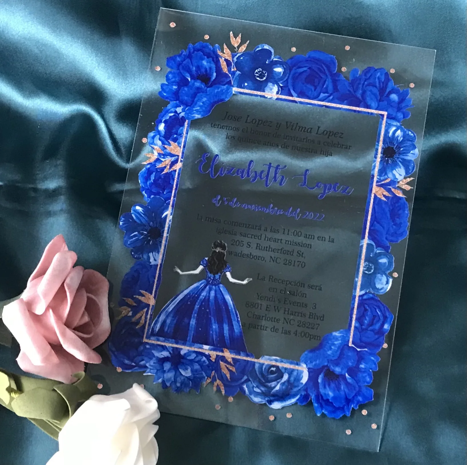 Acrylic Quinceanera Invitation Set, Princess Birthday Invitation,Navy Blue Floral,Custom,Flexible PVC Cards, 10Pcs