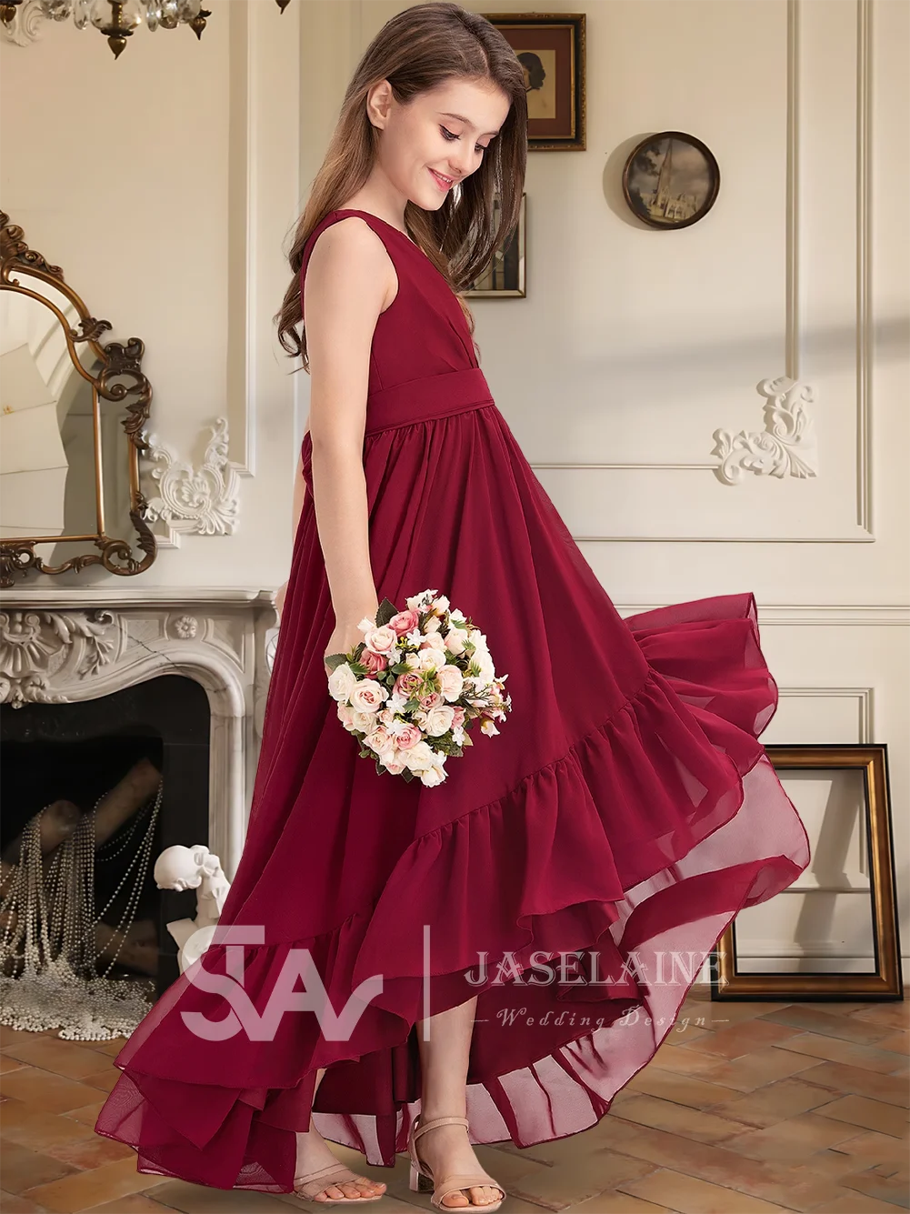 A Junior Bridesmaid Dress V-Neck A-Line Asymmetrical Chiffon Pleated Flower Girl Dress With Sash Back Wedding Party Formal Girls