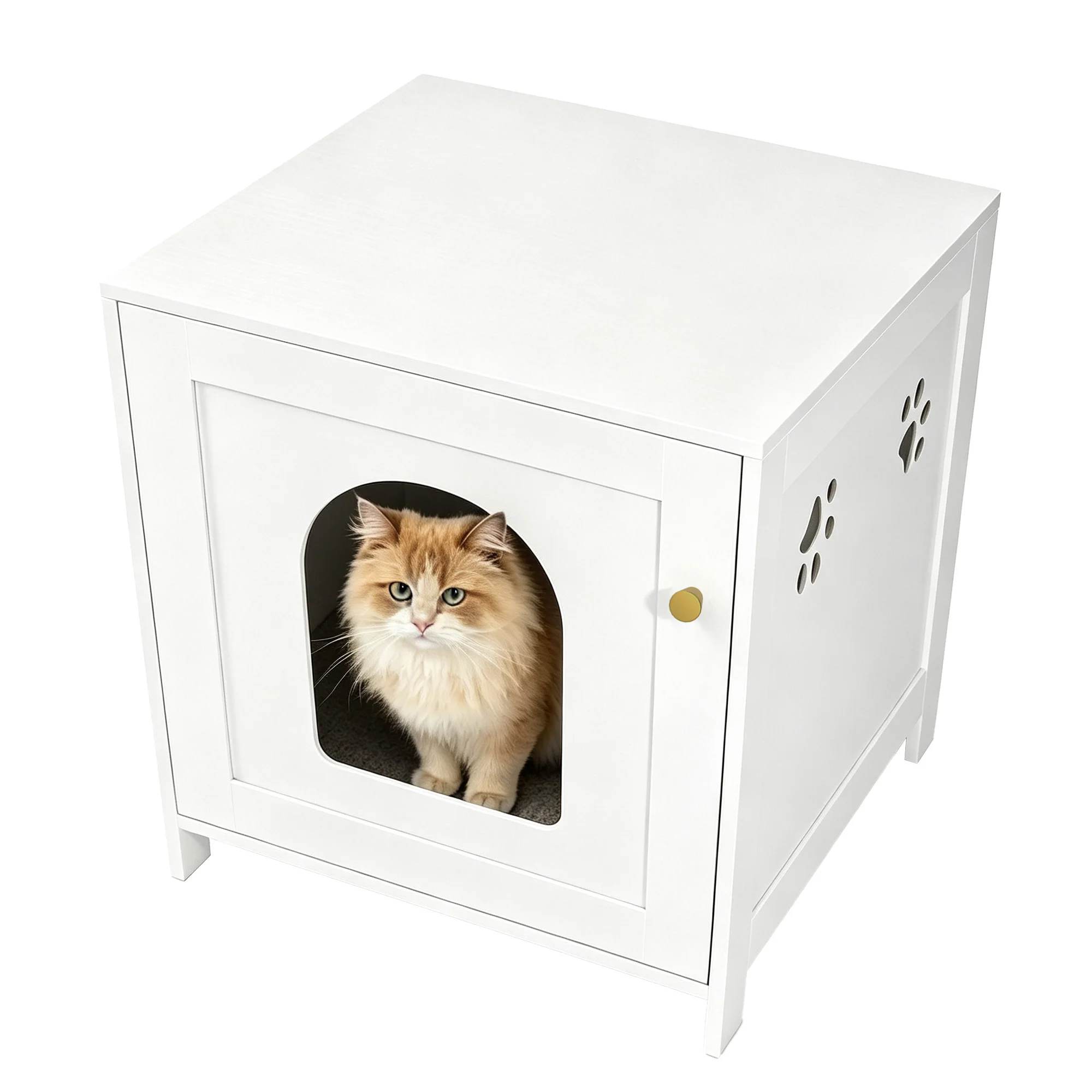 Mobiletto per gatti, mobiletto con lettiera per gatti, lettiera bianca per gatti, mobiletto contenitore con panca, mobile in legno per la zona lavanderia dei gatti, per soggiorno, camera da letto