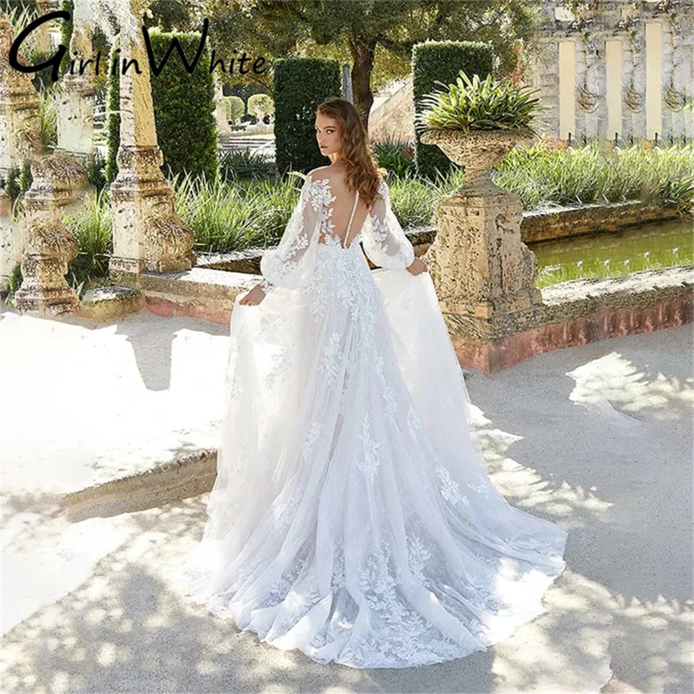 Vestido de novia elegante con cuello en V, vestido de novia personalizado con mangas largas acampanadas, apliques con botones en la espalda, vestidos elegantes para